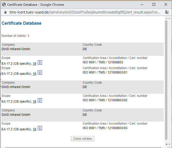 德國(guó)DIAS紅外公司TUV證書查詢結(jié)果